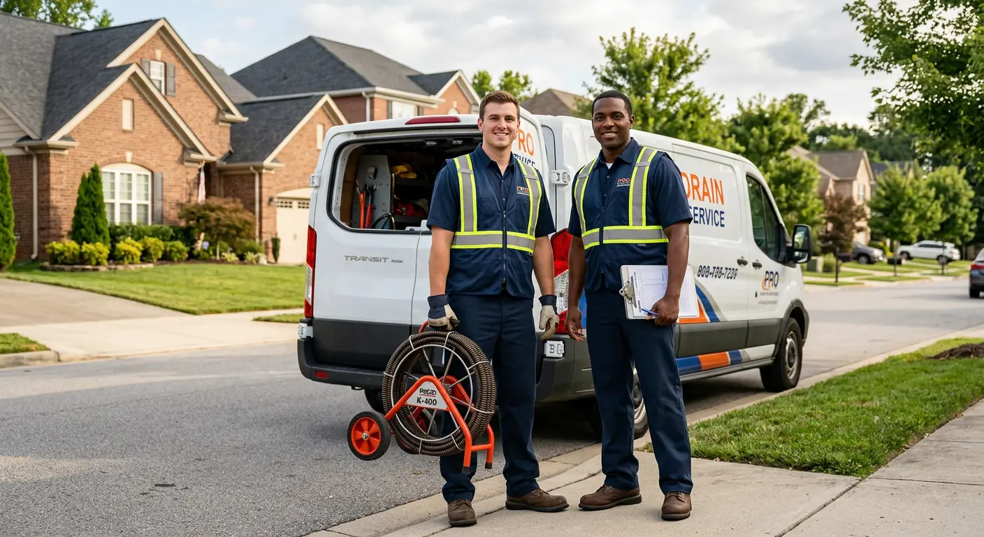 Sewer and drain service team with equipment ready for work in Lindale