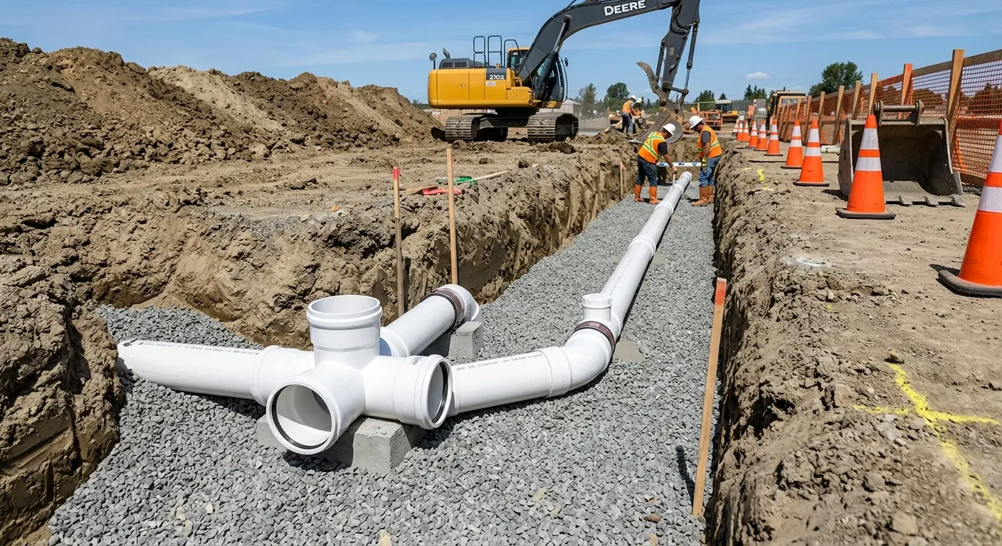 New PVC sewer pipe installation in open trench for Sewer Backup in Lindale
