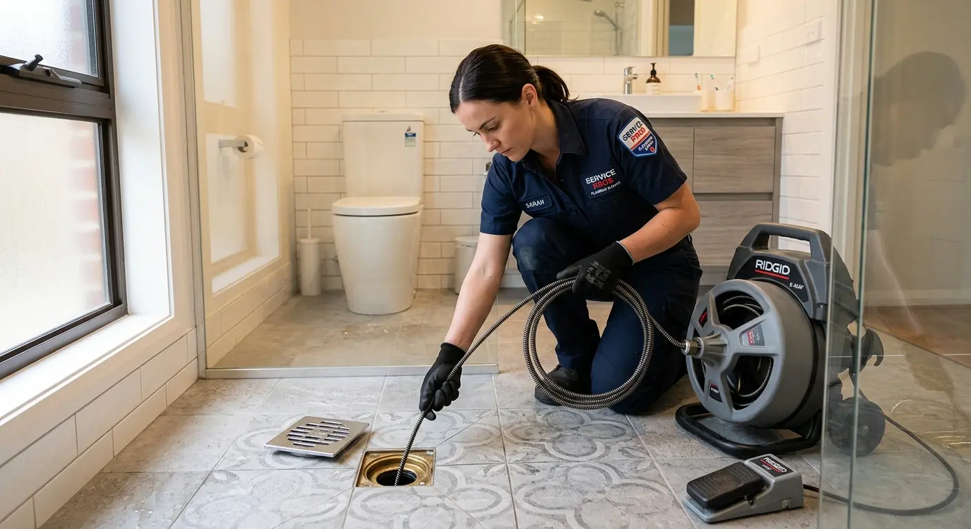 Technician clearing a bathroom floor drain for Drain Repair in Lindale